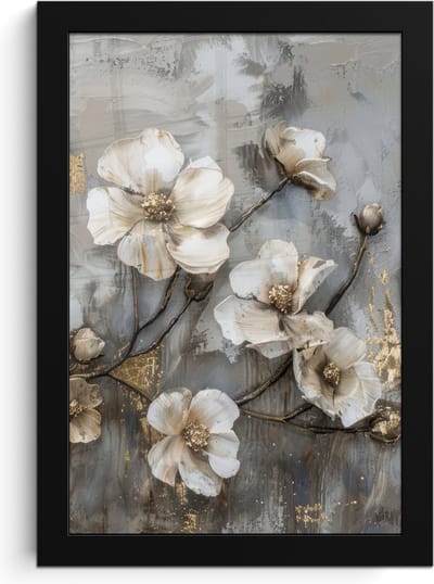 Poster in lijst - Fotolijst 20x30 cm - Posters - Bloemen - Wit - Grijs - Goud - Luxe - Posterlijst zwart - Decoratie - Wanddecoratie woonkamer - Muurdecoratie slaapkamer