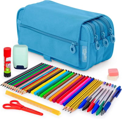 Drievoudige Schoolmap - Etui Set - Schoolbenodigdheden Organiseren - Inclusief 40 Artikelen - 22 x 11 x 9 cm - Lichtblauw