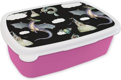 Broodtrommel Roze - Lunchbox - Brooddoos - Jongens - Patronen - Draak - Kasteel - 18x12x6 cm - Kinderen - Meisje
