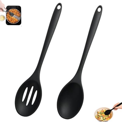 2 stuks - Salade menglepel - Siliconen schuimspaan - Siliconen roerlepel - Siliconen serveerlepel - Saladelepel - Zwart - 27,5*5,8 cm - Verlengde siliconen lepel - Kooklepel - Keukenslepel - Om te roeren