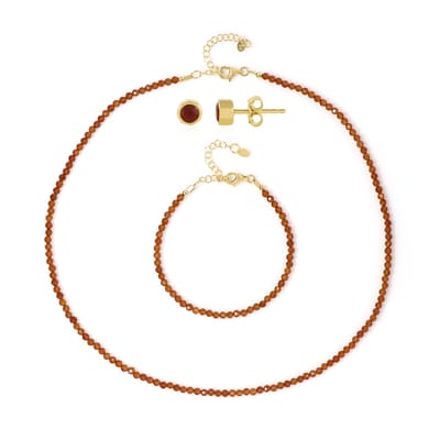 Cavill - Luxe 925 Sterling Zilver Sieradenset - Geel Verguld - 46,4 ct Ronde Hessoniet Granaat - Elegante Ketting, Oorbellen & Armband Set