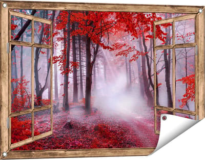 Gards Tuinposter Doorkijk Rood Bos met Bomen - 90x60 cm - Tuindoek - Tuindecoratie - Wanddecoratie buiten - Tuinschilderij