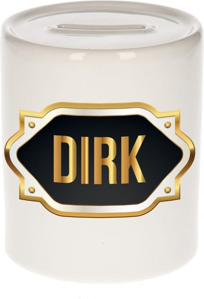 Spaarpot met voornaam Dirk - wit - met goud/zwart embleem - 8 x 9 cm - keramiek - met afsluitdop - cadeau verjaardag