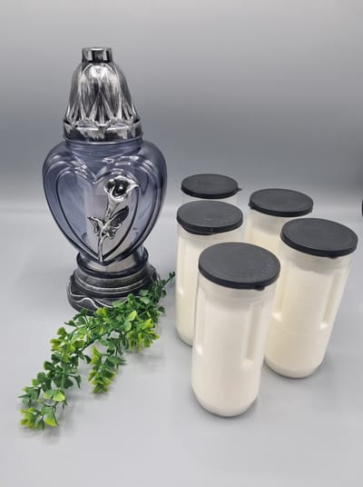 Herdenkingslicht - Zilver - Grijs glas - Calla - 5x Navul 60 uur - Grafkaars – Graflicht – Graflantaarn – Grafdecoratie - Windlicht