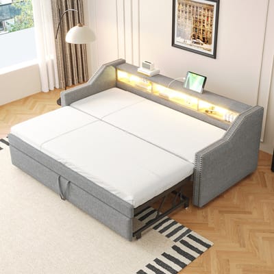 MEUNIQ Slaapbank 90/180 x 190 cm uittrekbaar bed met lattenbodem, opbergvakken, LED-verlichting, USB-aansluiting en armleuningen voor slaapkamer of logeerkamer, grijs
