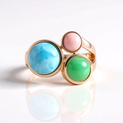 Cavill - Zilveren ring met roségoud verguld - 3,38 ct Larimar & 1,35 ct Chrysopraas + 0,50 ct Roze opaal - Asymmetrisch ontwerp - Ronde cabochon