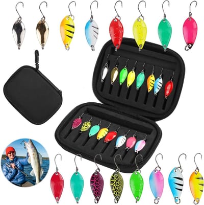 Trout visgerei set met 16 stuks lepels, inclusief opbergdoos, ideaal voor forelvisserij en basvisserij, met metalen hardbaits en haakjes