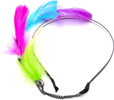 Festival/Ibiza diadeem met hanger 4 veren groen-roze-blauw-paars