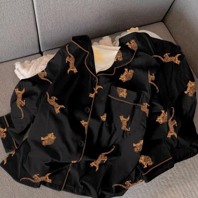 Old Money Stijl Luipaardprint Dames Knappe Pyjama Amerikaanse Retro Trend Homewear Nieuwe Herfst Winter Faux Katoen Nachtkleding M black