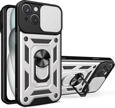 Hoesje geschikt voor iPhone 15 met Ringhouder en Camera schuifje – Zilver