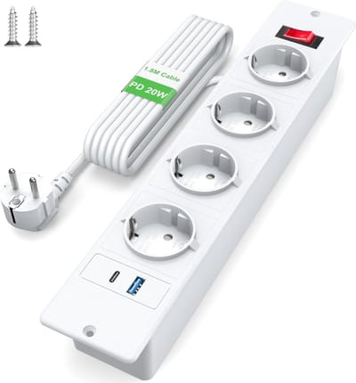 StayPowered Inbouw Stekkerdoos - Stijlvolle en Ruimtebesparende Oplossing - 4 Stopcontacten - 1 USB en 1 USB-C Poort - Eenvoudige Installatie - Overbelastingsbeveiliging - 1,8 m Kabel - Wit - Levering Sneller dan Aangegeven!