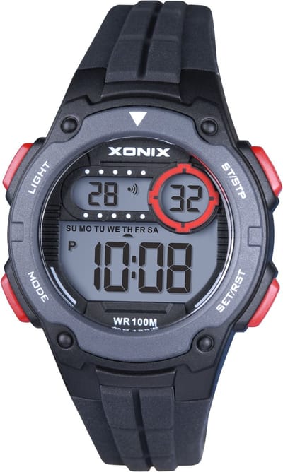 Xonix BAJ-A07 - Horloge - Polshorloge - Digitaal - Volwassene - Tiener - Unisex - Rond - Siliconen band - ABS - Schermverlichting - Alarm - Datumaanduiding - Start-Stop - 2de tijdzone - 12/24H - Chronograaf - Zwart - Grijs - Rood