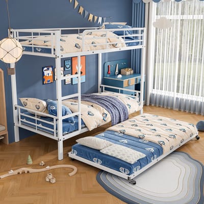 Hoogslaper - stapelbed - met uitschuifbaar bed - bovenbed met zijspijlen - wit - 90x200cm&90x190cm - zonder matras