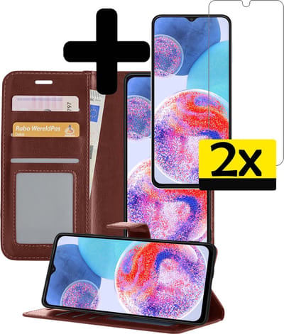 Hoesje - Met 2x Screenprotector - Geschikt voor Samsung Galaxy A23 - Luxe Pasjeshouder - Bookcase Portemonee - Flip Case - Kunstleer Book Case - Flipcase Hoes - Book Cover - Walletcase - Portemonneehoes - Telefoonhoesjes - Bruin