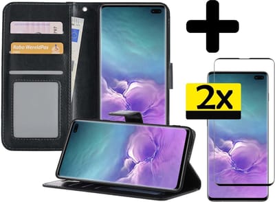 Hoesje - Met 2x Screenprotector - Geschikt voor Samsung Galaxy S10 - Luxe Pasjeshouder - Bookcase Portemonee - Flip Case - Kunstleer Book Case - Flipcase Hoes - Book Cover - Walletcase - Portemonneehoes - Telefoonhoesjes - Zwart