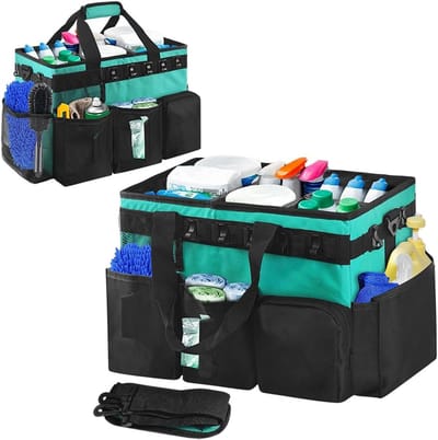 Draagbare schoonmaakmand met handvat, 45 x 25 x 27 cm, waterdicht, 5 vakken, opvouwbaar en multifunctioneel voor huishoudelijke opslag en organisatie