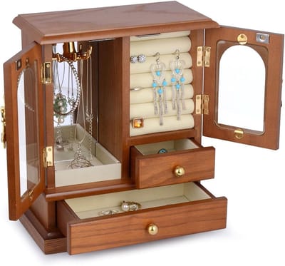 Juwelendoos Hout - Sieradenkist Organizer - Sieraden Opbergen - Met Ingebouwde Spiegel - 3 Lades - Rood