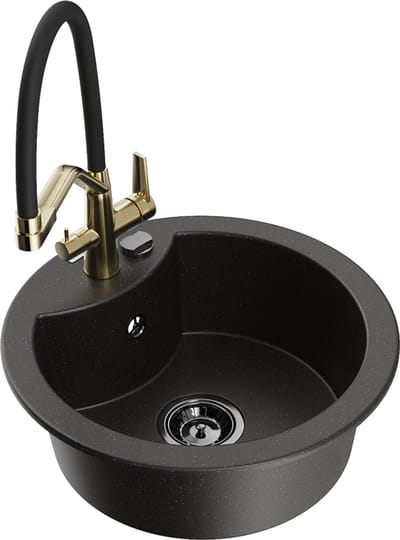 Mexen Diego granieten spoelbak 1-kamerig met keukenmengkraan Duo, zwart/goud metallic - 6512-75-671701-57-B