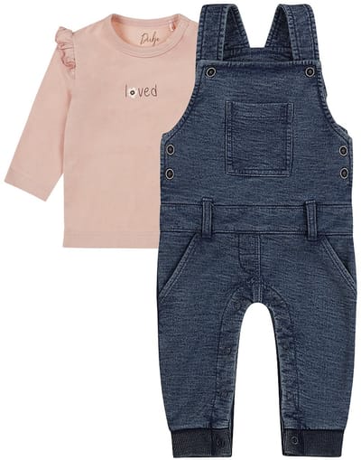Dirkje - Basic Collection - BIO COTTON - Tuinbroek Blauw - Shirt Dusty Pink met printje - Maat 56