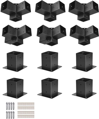 Pergola Kit, 4x4 Inch Beugels voor 3.5x3.5 Inch Houten Balken, Inclusief 3-Weg 4 Stuks en 4-Weg 2 Stuks Connectoren met 6 Paal Basis, Geschikt voor Buiten Pergolas, Gazebos en Schuren