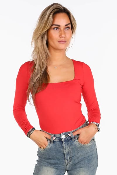 Getdrezzed Top - Maat: S - Basic shirt vierkante hals rood