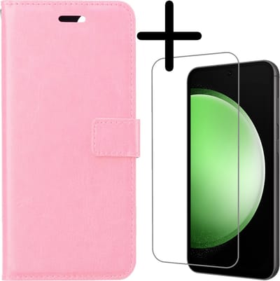 Hoesje Met Screenprotector - Geschikt voor Samsung Galaxy S23 FE - Luxe Pasjeshouder - Bookcase Portemonee - Flip Case - Kunstleer Book Case - Flipcase - Book Cover - Walletcase - Portemonneehoes - Lichtroze