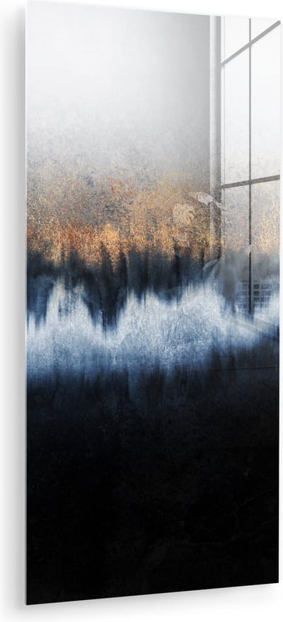 MuchoWow® Glasschilderij 40x80 cm - Schilderij acrylglas - Abstract - Goud - Luxe - Blauw - Foto op glas - Muurdecoratie woonkamer - Wanddecoratie slaapkamer - Schilderijen