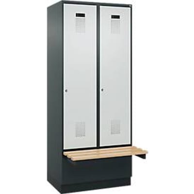 C+P Evolo Plus garderobekast, 2 vakken van elk 400 mm breed, sokkel, zwevende bank, B 800 x D 815 x H 1950 mm, cilinder, antracietgrijs/lichtgrijs