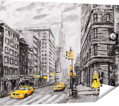 Gards Tuinposter Geschilderde New York Tekening - Zwart Wit - 120x90 cm - Tuindoek - Tuindecoratie - Wanddecoratie buiten - Tuinschilderij