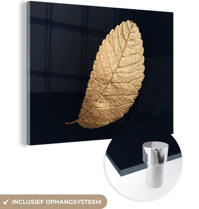 MuchoWow® Glasschilderij 160x120 cm - Schilderij acrylglas - Goud - Bladeren - Zwart - Planten - Luxe - Natuur - Foto op glas - Schilderijen