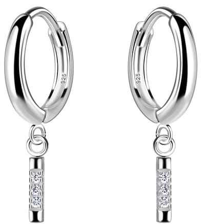 Joy|S - Zilveren oorbellen - 11 mm oorringen met staaf / bar bedel - klap scharnier sluiting - zirkonia - sterling zilver 925