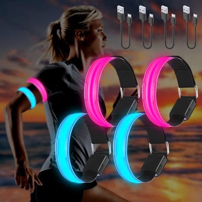 Led-armband, USB, 4 stuks, reflecterende ledband, lichtband, voor kinderen, reflecterende band, licht voor joggen, hardlopen, sport groen + roze