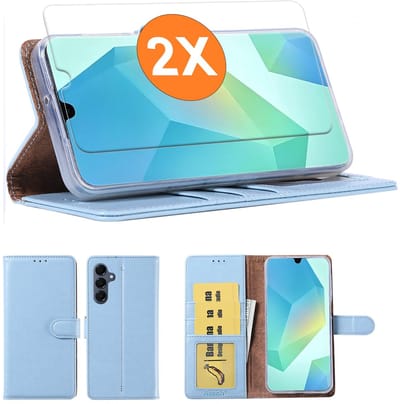 Hoesje geschikt voor Samsung Galaxy A07 hoesje Blauw pasjeshouder telefoon hoes - Met screenprotector tempered glass voor Galaxy A07 - 2x
