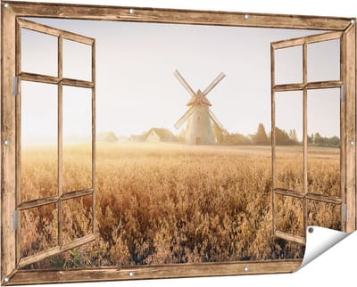 Gards Tuinposter Doorkijk Windmolen in het Veld - 150x100 cm - Tuindoek - Tuindecoratie - Wanddecoratie buiten - Tuinschilderij