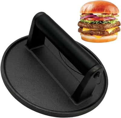 Burgerpers Gietijzer - Grillpers Keuken - Gelijkmatig Grillen - Hittebestendige Handgreep - 165 cm Diameter - Zwart
