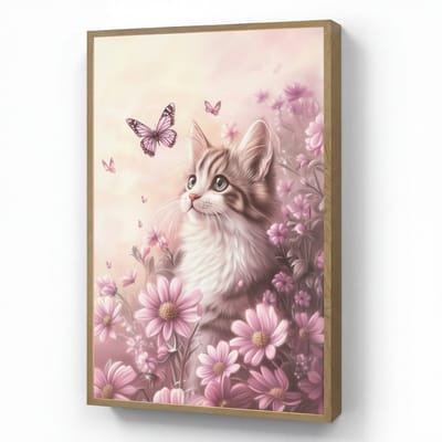 Nachtlampje 60x90 cm - Kinder lamp - Kitten - Bloemen - Vlinders - Paars - Tafellamp kinderkamer draadloos - Slaapkamer lampje - Bedlamp kinderen - Kinderlampje - Wandlamp babykamer - Nachtlampjes