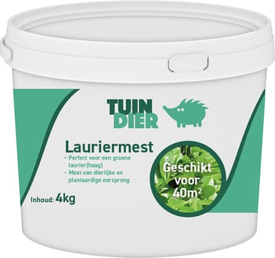 Laurier mest | TUIN-DIER® | Laurier meststof | Laurier voeding | Lauriermest | Portugese laurier mest | 100% natuurlijk | In handige bewaaremmer | 4.000 gram | 4 kilogram