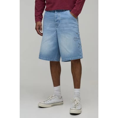 Wijde Stijve Versierde Distressed Denim Shorts Met Zakdetail | Washed Light Blue | Size 28