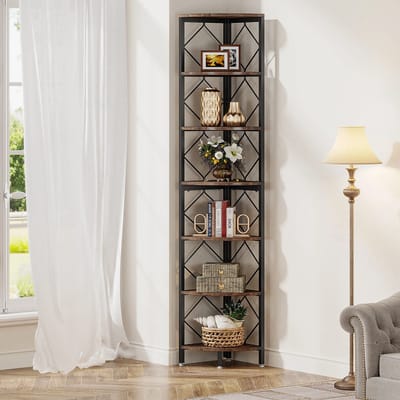 Golaro Boekenkast - Hoekkast - Hoekrek - Hoekplankstandaard 7 laags - Boekenkast hout - Industrieel ontwerp - Zwart/Bruin