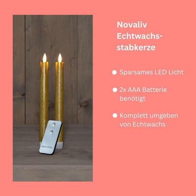 Novaliv LED-kaarsen met timer, goud, 2-pack voor binnen met 6-uurs timer - ECHTE WAS 23 cm hoogte voor kaarsen 2,2 cm diameter 2 AAA-batterijen vereist LED-kaarsen, flikkerende vlam, bewegende vlam