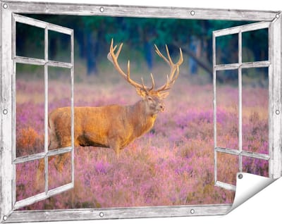 Gards Tuinposter Doorkijk Hert in de Weide tijdens Zonsondergang - 120x80 cm - Tuindoek - Tuindecoratie - Wanddecoratie buiten - Tuinschilderij