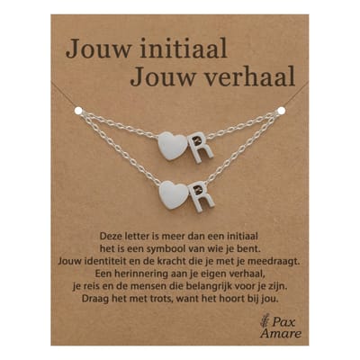 Letter R ketting + armband set op Cadeau Kaartje - Jouw initiaal, jouw verhaal - Zilverkleurig Stainless Steel - Initiaal & Hartje Hanger - Pax Amare