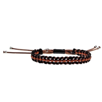 Macramé Armband Unisex - Gewaxt Leerdraad Lichtbruin-Zwart - RVS - Een Maat - Handgemaakt