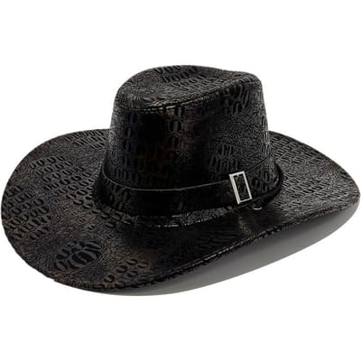Chapeau de Cowboy Rétro Homme Européen et Américain Camping Cuir Imprimé Chapeau de Soleil Femme Extérieur Alpinisme Chapeau de Protection Solaire (56-58cm) black