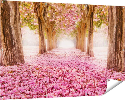 Gards Tuinposter Romantische Bomen Tunnel met Roze Anjers - 150x100 cm - Tuindoek - Tuindecoratie - Wanddecoratie buiten - Tuinschilderij