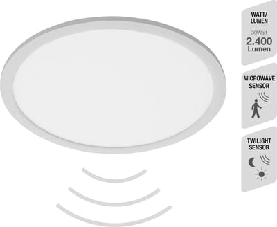 Trango 3091 LED-paneel 30W incl. bewegingsmelder & daglichtsensor plafondlamp 2400 Lumen 4000K neutraal wit, sensor badkamerlamp Ø 400mm – plafondlamp voor keuken gang kelder badkamer badkamer - sensor wandlamp