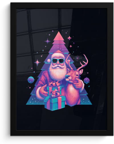 Poster in lijst - Fotolijst 30x40 cm - Posters - Retro - Kerstman - Rendieren - Kerstboom - Posterlijst zwart - Decoratie - Wanddecoratie woonkamer - Muurdecoratie slaapkamer - Kerstversiering - Kerstdecoratie voor binnen - Kerstmis