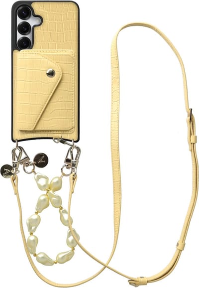 AVY Leren Hoesje geschikt voor Samsung Galaxy S25 / S24 | Met Koord en Kaarthouder | Compatibel met MagSafe | Leather Case met Polsand & Crossbody Koord & Wallet | Pearl Leather Set | Croco Geel