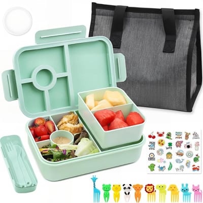 Famanu - Bento Lunchbox, 1300 ml, lekvrij, met 4 vakken, bestek voor kinderen en volwassenen, snackbox voor school, kleuterschool, kantoor, groen