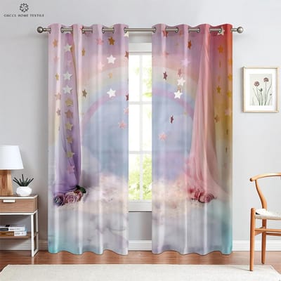 Eenhoorn Regenboog Print Gordijnen voor Kinderen, Slaapkamer, Woonkamer, Keuken, Huisdecoratie, Kan Worden Aangepast Hoge Kwaliteit Q9160QQ-W50xH130(CM)x2PCS&Rod pocket